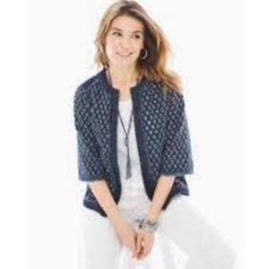 Chico’s Denim Cut Out Perforated Fringe Open Front Jacket Large Size 12